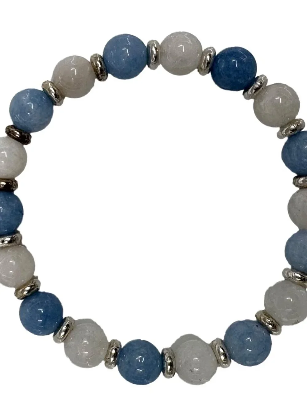 8mm Natural Aquamarine White Moonstone Gemstone Stretch Bracelet Silver Bead